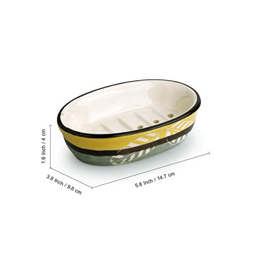 Exclusivelane Leaves Imprinted Ceramic Bathroom Accessories Set Of 3 (Liquid Soap Dispenser, Toothbrush Holder, Tumbler) (El-022